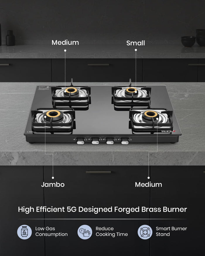 Sujata Classic gas stove 4 burners with Italian SABAF valve and ISI certification