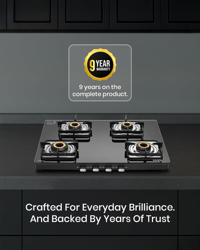 Sujata Classic cooktop showing 1 jumbo 2 medium and 1 small brass burner layout