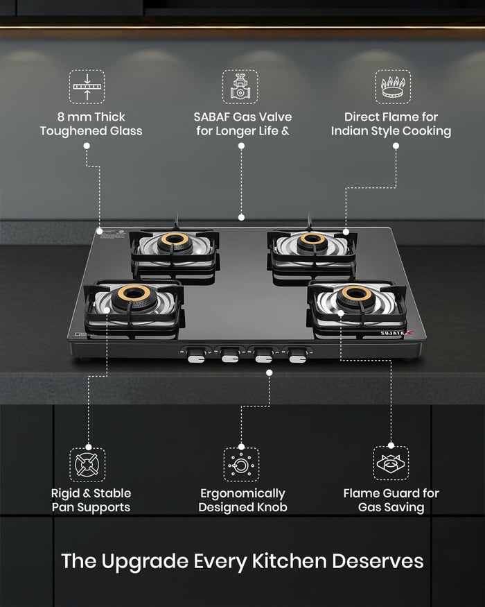 Sujata 4 burner gas stove with rigid pan supports and flame guard for gas saving