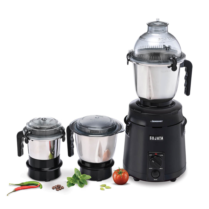 Sujata Dynamix DX with 3 specialized jars shown together highlighting the complete grinding solution black