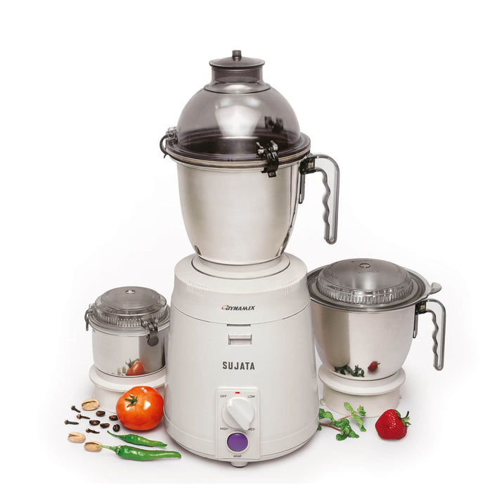Sujata Dynamix DX 900W Mixer Grinder motor unit with dome jar attachment displaying the functional design