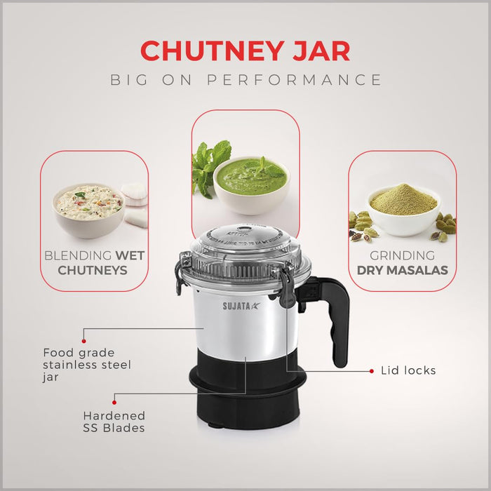 Sujata Dynamix 500 ml stainless steel chutney jar with lid lock and hardened blades for wet chutneys and dry masalas