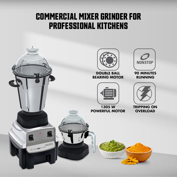 Sujata Magna Pro 1305W commercial mixer grinder with double ball bearing motor, 90 minutes continuous running and overload tripping protection