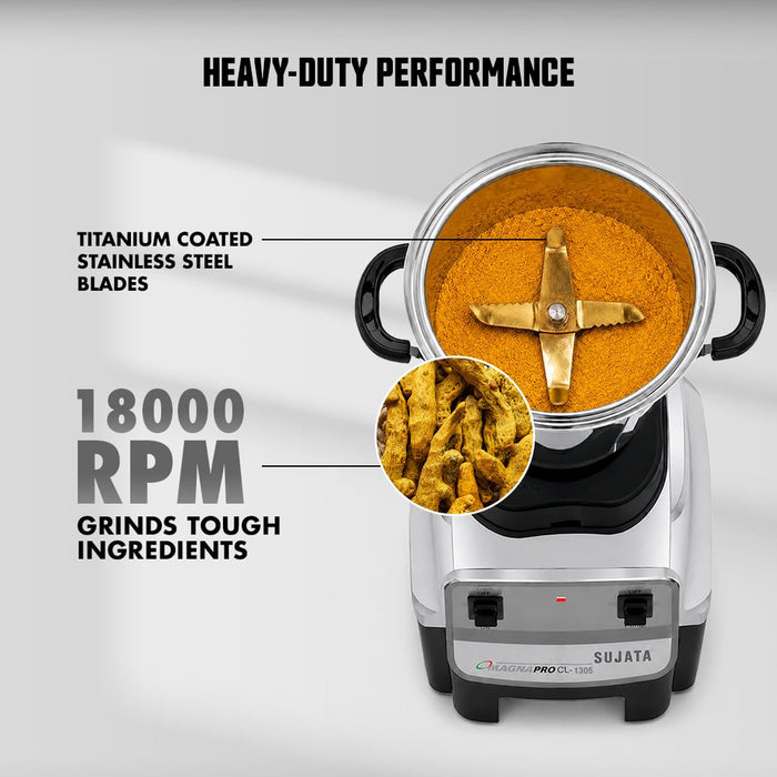 Sujata Magna Pro CL-1305 mixer grinder titanium coated stainless steel blades grinding turmeric at 18000 RPM
