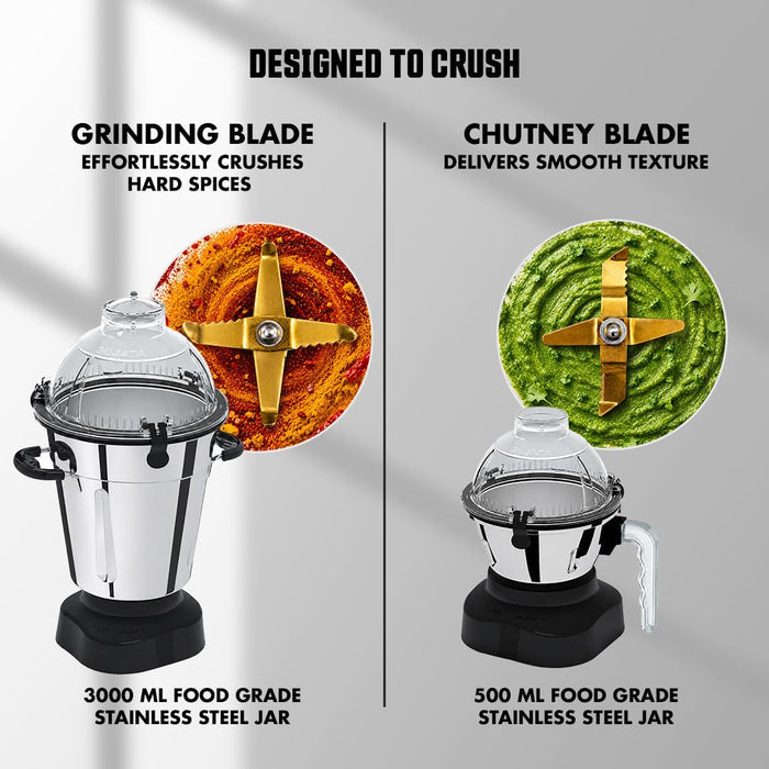 Sujata Magna Pro grinding blade in 3000 ml jar and chutney blade in 500 ml stainless steel jar for spices and smooth chutney
