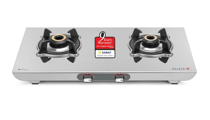 Sujata Majestic 2 burner stainless steel gas stove with SABAF Italian valve front view