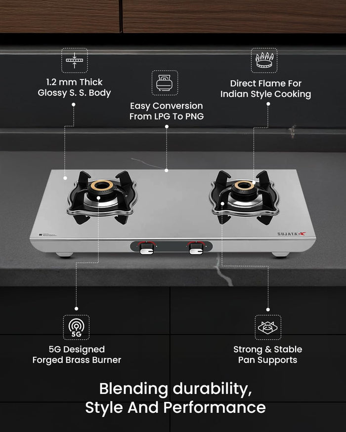 Premium stainless steel 2 burner gas stove Sujata Majestic 9 years warranty
