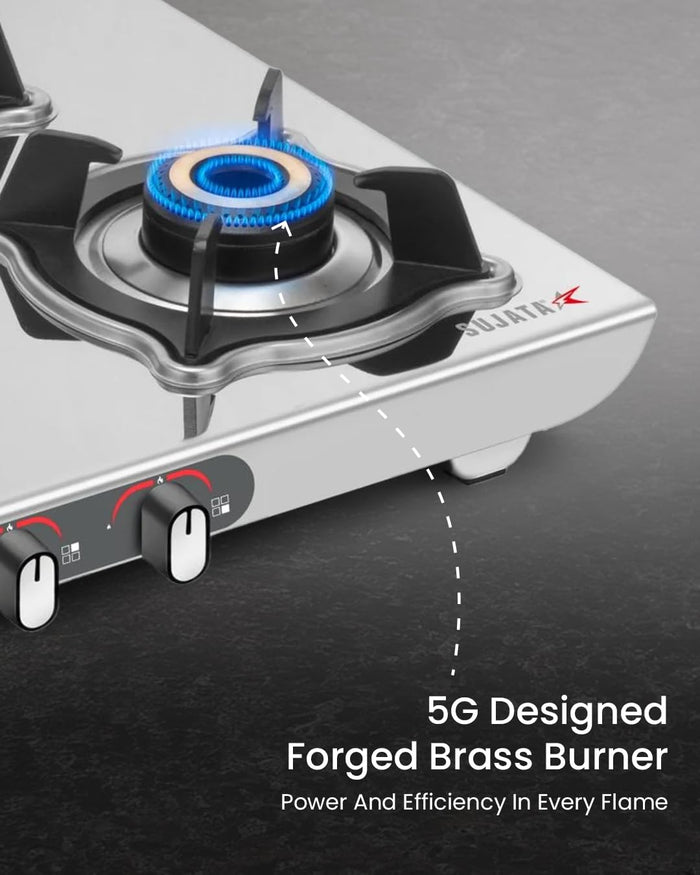 Indian kitchen gas stove Sujata Majestic 2 burner SABAF valve stainless steel finish