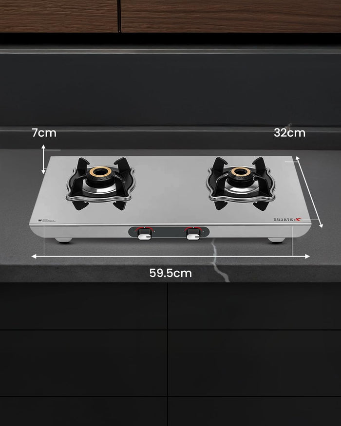 Sujata 2 burner steel gas stove manual ignition direct flame brass burners cooktop
