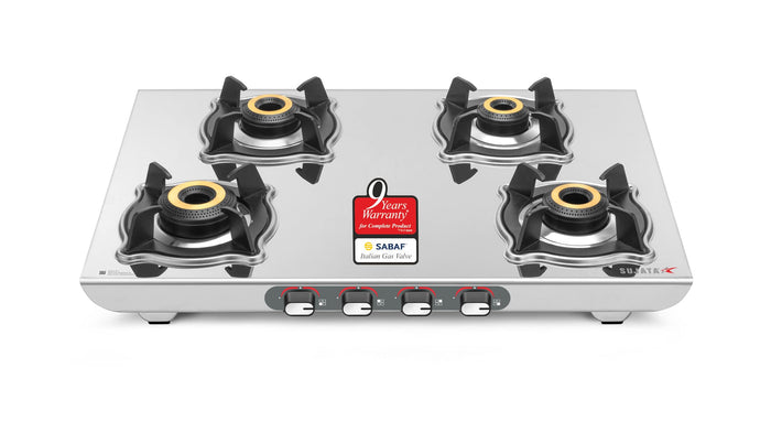 Sujata Majestic 4 burner gas stove with stainless steel body and brass burners