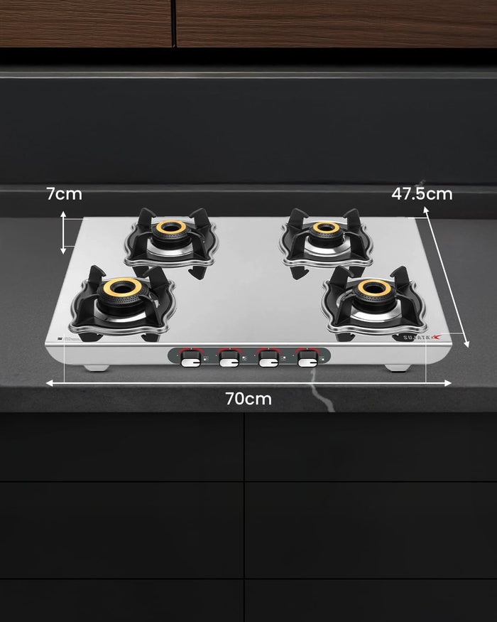 Sujata Majestic four burner manual ignition gas stove front view
 dimensions