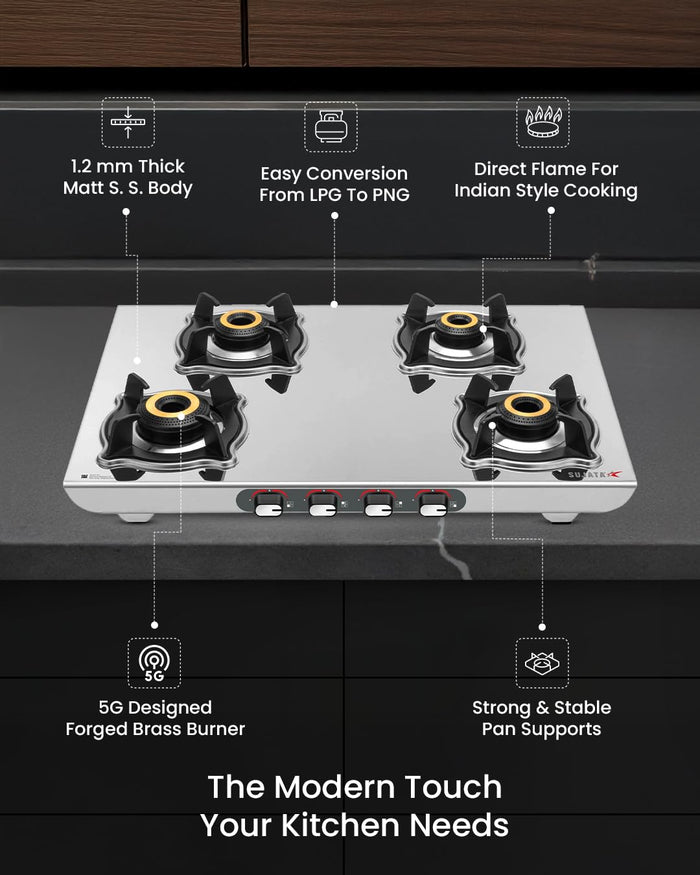 ISI certified Sujata Majestic 4 burner LPG PNG compatible gas stove