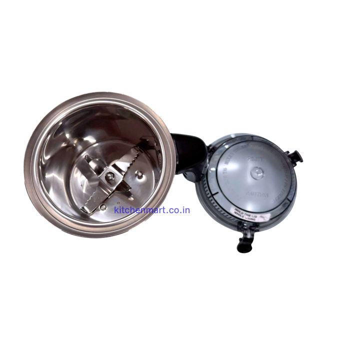 Inside view of Sujata MG Series chutney jar showing sharp stainless steel grinding blade