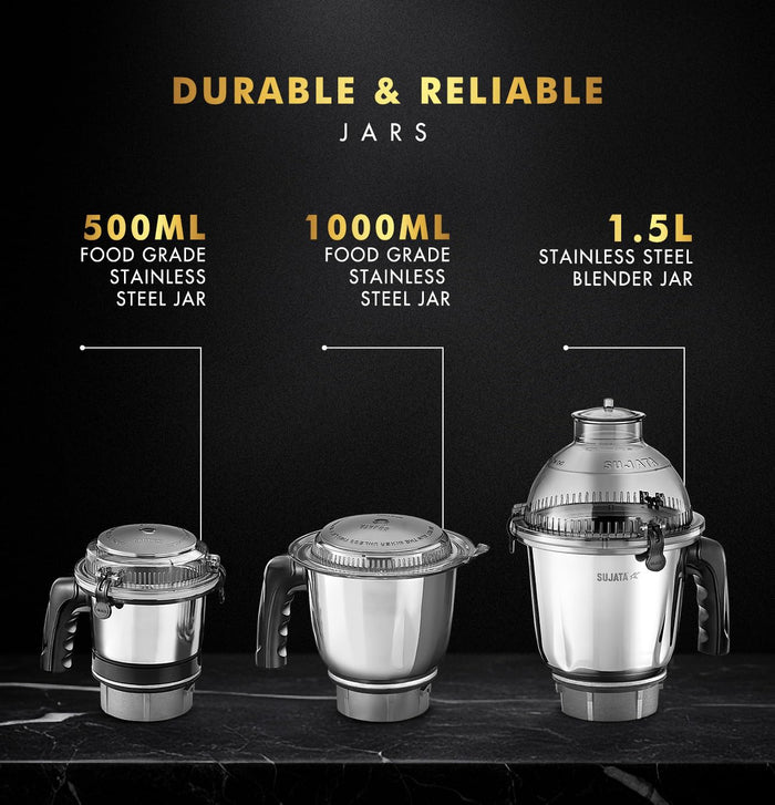 Sujata MG02 mixer grinder showing motor unit and three jar set on white background