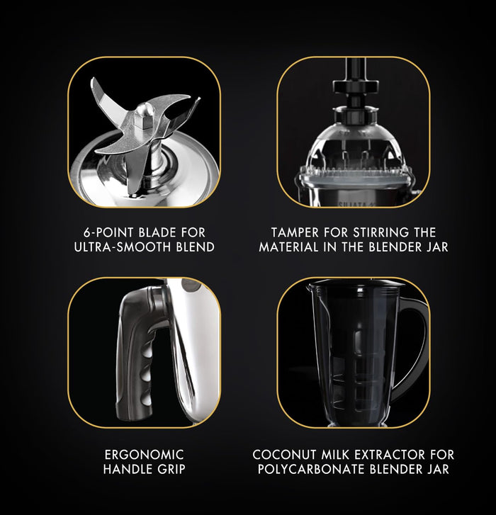 Close-up details of Sujata mixer grinder features: six-point blade for ultra-smooth blending, tamper for stirring materials, ergonomic handle grip, and coconut milk extractor for polycarbonate jar