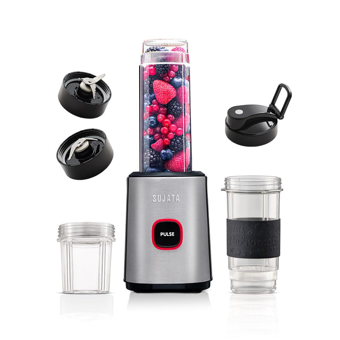 Sujata Nutromatic 600W personal blender brushed steel with 3 jars on kitchen countertop