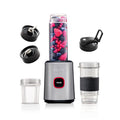 Sujata Nutromatic 600W personal blender brushed steel with 3 jars on kitchen countertop
