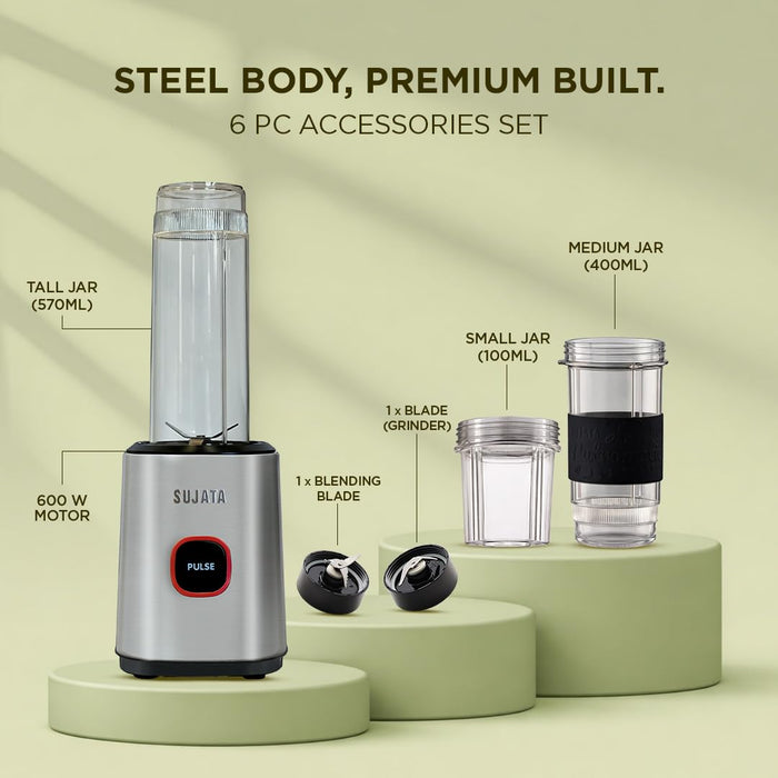 Sujata Nutromatic compact blender with 570ml tall jar 400ml travel jar 100ml small jar