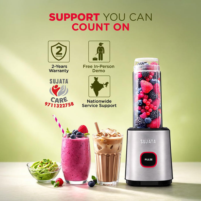 Sujata Nutromatic compact blender on Indian kitchen countertop with fruits and ingredients