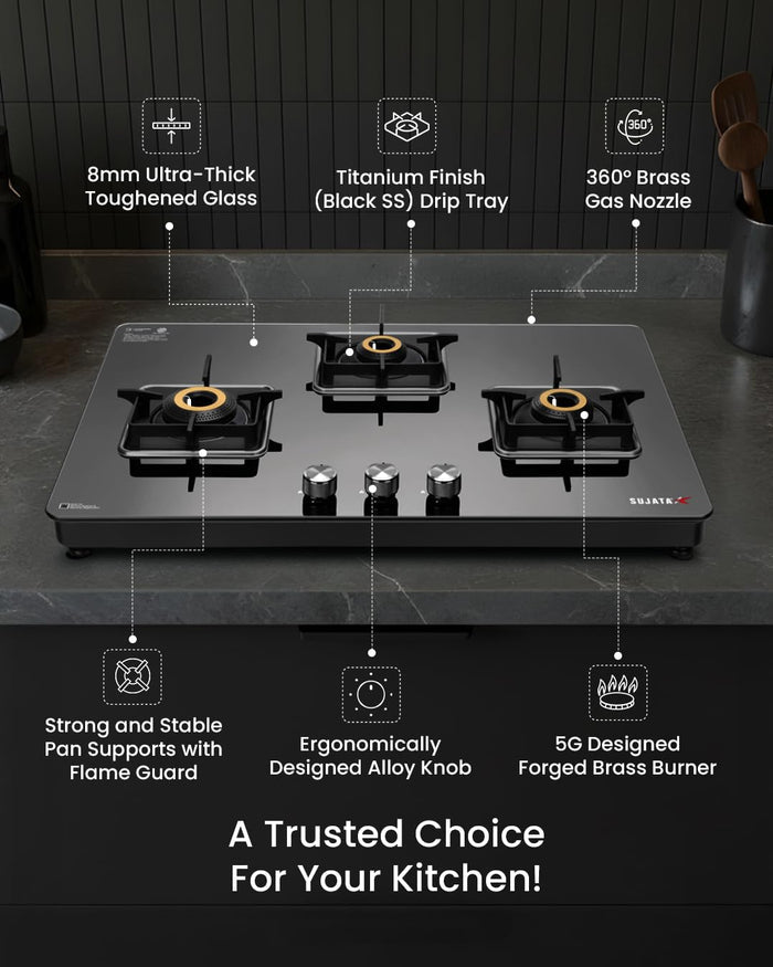 Sujata Premium 3 Burner Gas Stove with Glass Top - 9 Years Warranty - SABAF & ISI Certified
