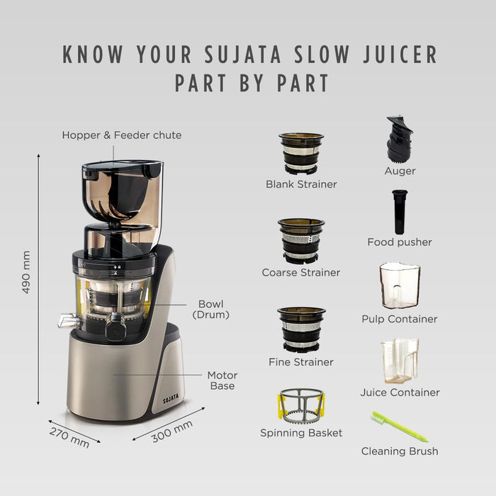 Sujata cold press juicer extracting fresh vegetable juice with reverse function control