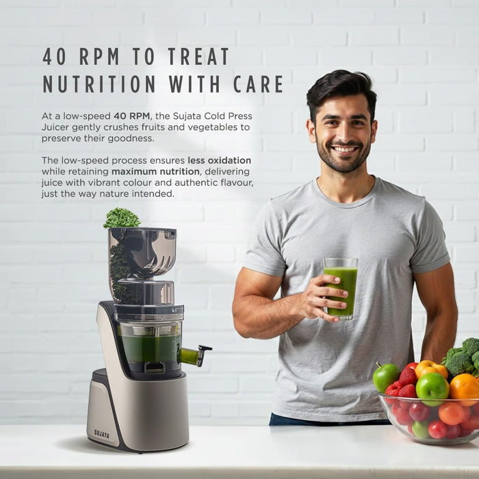 Sujata SJ01 slow masticating juicer with magnetic safety lock and BPA-free components
