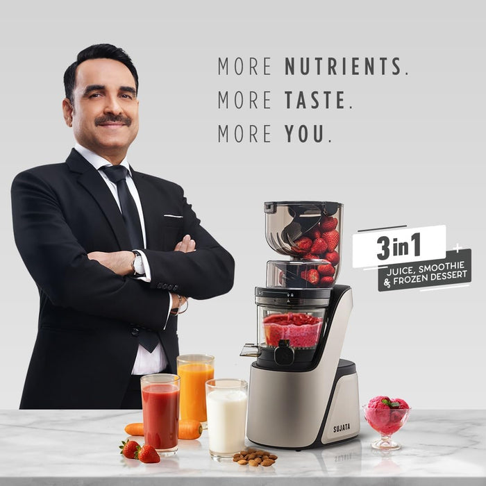 Sujata SJ01 masticating juicer with anti-clog reverse function for continuous operation