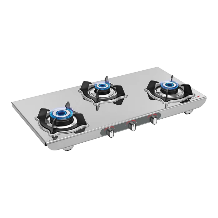 Sujata Sterno 3 burner gas stove 2 mm glossy stainless steel body side angle