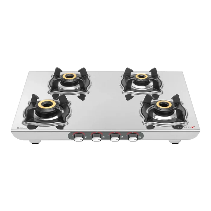 Sujata Sterno 4 Burner Stainless Steel Gas Stove — 2 mm SS Body, SABAF Valve, 9 Year Warranty