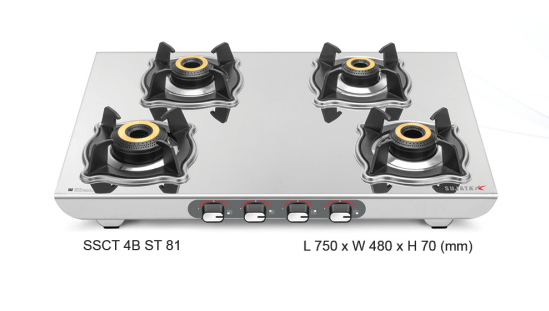 Sujata Sterno 4 Burner Stainless Steel Gas Stove — 2 mm SS Body, SABAF Valve, 9 Year Warranty