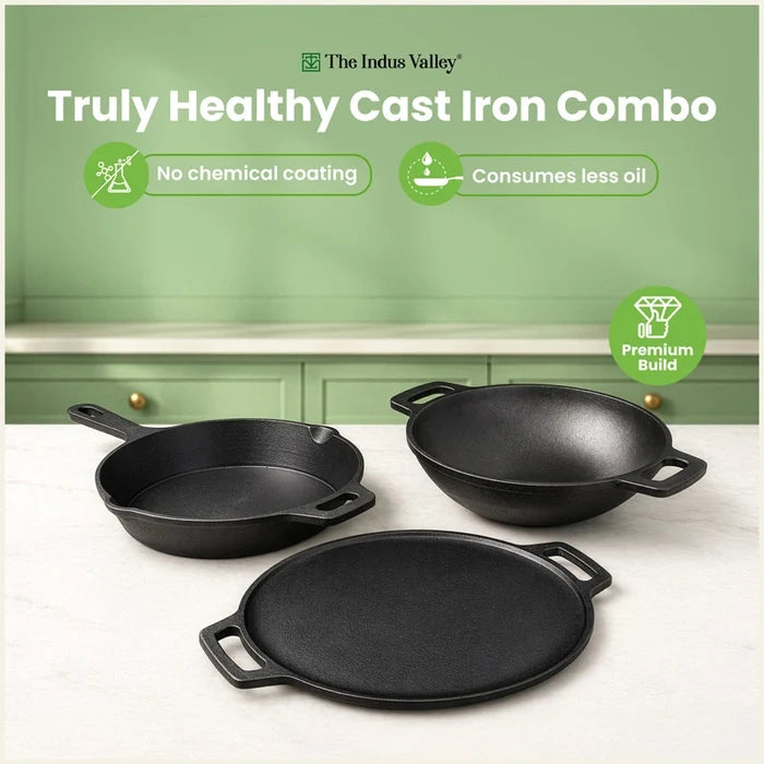 Super Smooth Cast Iron Cookware Set: (30cm)Tawa+ (26cm)Kadai+ (24.8cm)Fry Pan, Kitchen Set for Home, Pre-seasoned, 100% Pure, Toxin-free, Free ₹400 Tadka Pan