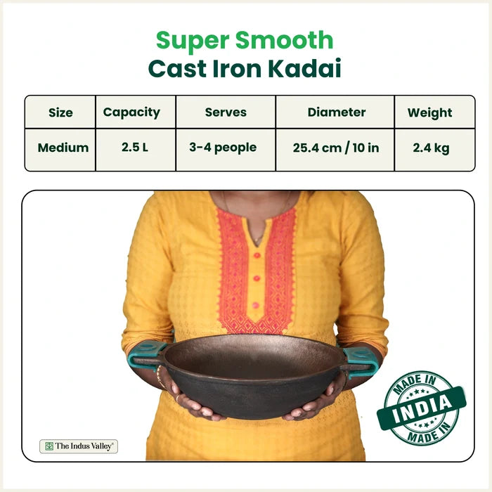 Super Smooth Cast Iron Kadai 2.5L 2.4Kg, Naturally Non-stick, Premium Quality, Toxin-free