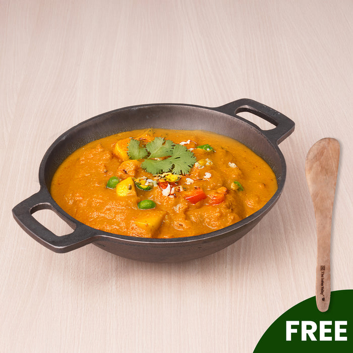 Super Smooth Cast Iron Kadai 2.5L, Pre-seasoned, Naturally Nonstick, 100% Pure, Toxin-free, Free  110 Spatula 25.4cm