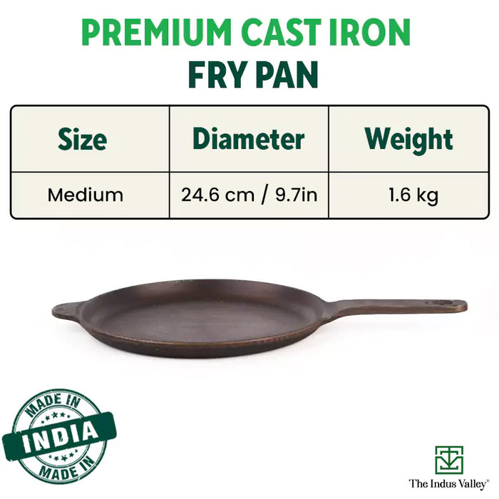 Super Smooth Cast Iron Shallow Fry Pan 24.6 cm, Pre-seasoned, Naturally Nonstick, 100% Pure, Toxin-free, Induction 1.6kg