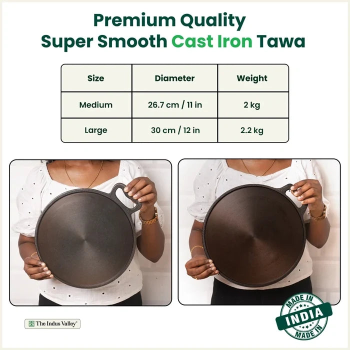 Super Smooth Cast Iron Tawa 26.7/30cm, Pre-seasoned, Naturally Nonstick, 100% Pure, Toxin-free, Gas & Induction, Free 110 Spatula