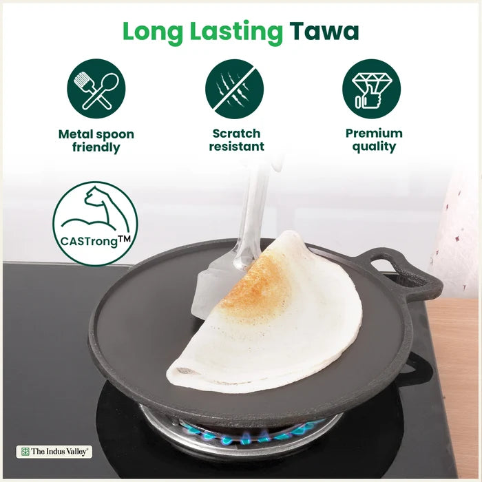 Super Smooth Cast Iron Tawa 26.7/30cm, Pre-seasoned, Naturally Nonstick, 100% Pure, Toxin-free, Gas & Induction, Free 110 Spatula
