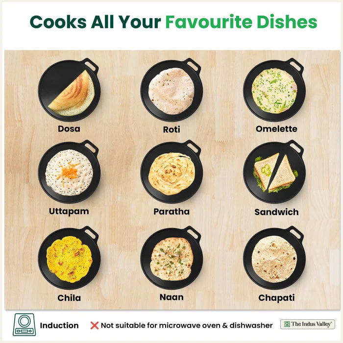 Super Smooth Cast Iron Tawa 26.7/30cm, Pre-seasoned, Naturally Nonstick, 100% Pure, Toxin-free, Gas & Induction, Free 110 Spatula