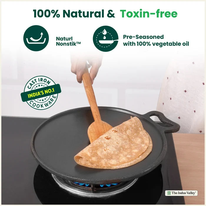 Super Smooth Cast Iron Tawa 28cm, Pre-seasoned, 100% Pure, Toxin-free, Induction 2.1 kg