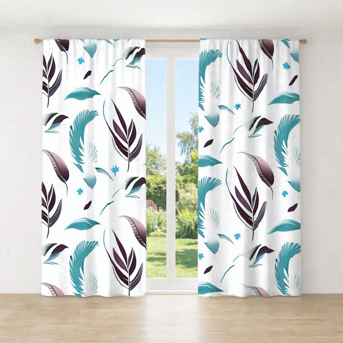 Teal Feather Botanical Pattern Window Curtains