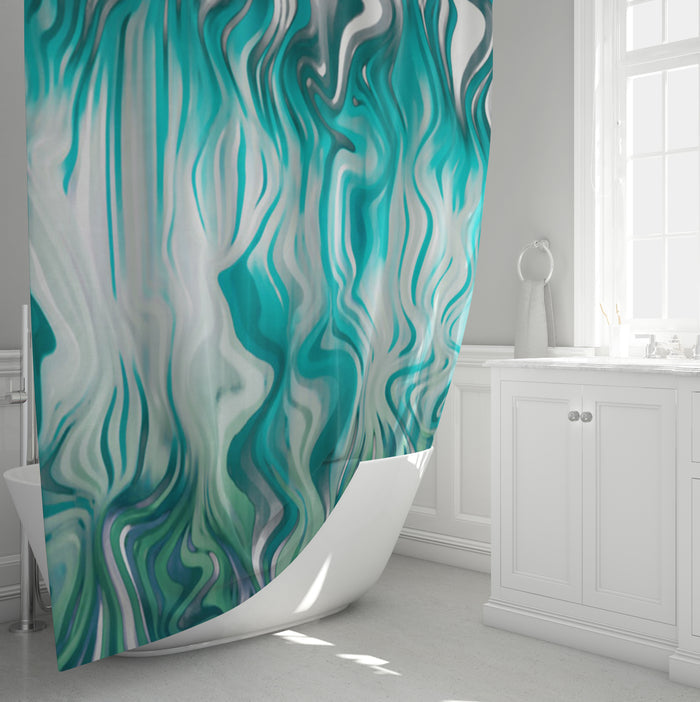Teal Liquid Marble Flow Pattern Shower Curtain