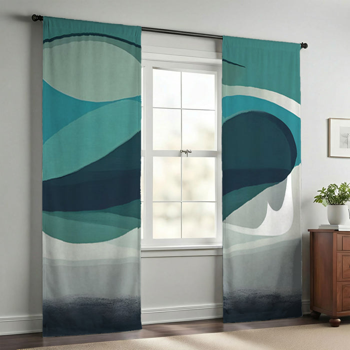 Teal Minimalist Tree Landscape Artwork Window Curtains