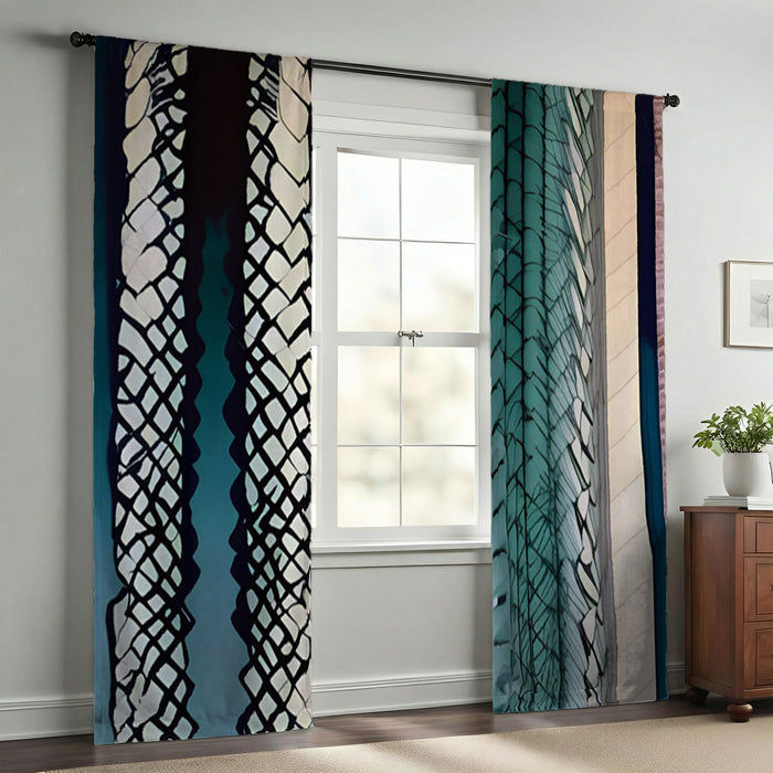 Teal Textile Stripe Pattern Window Curtains