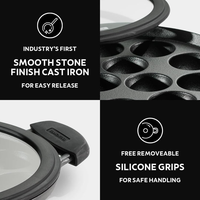 Cast iron paniyaram pan 12 pits precision cavity design closeup