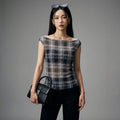 Débardeur slim à carreaux bleu et gris pour femme - Mode K-fashion Koreanxwear - Taille S