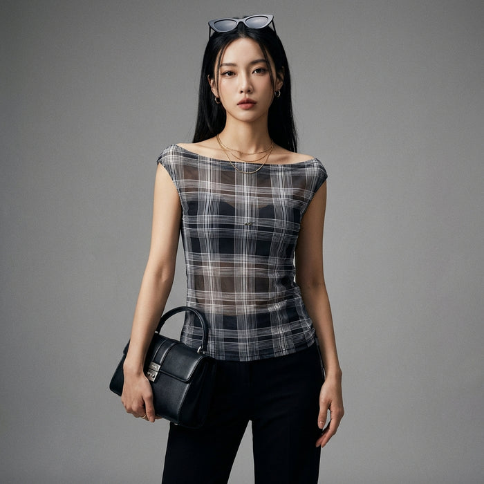 Débardeur slim à carreaux bleu et gris pour femme - Mode K-fashion Koreanxwear - Taille S