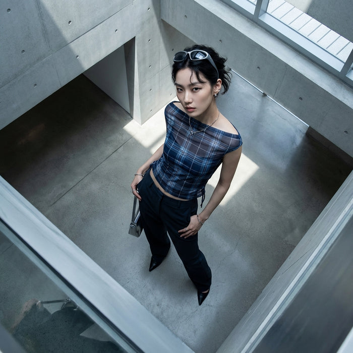 Débardeur slim à carreaux bleu et gris pour femme - Mode K-fashion Koreanxwear
