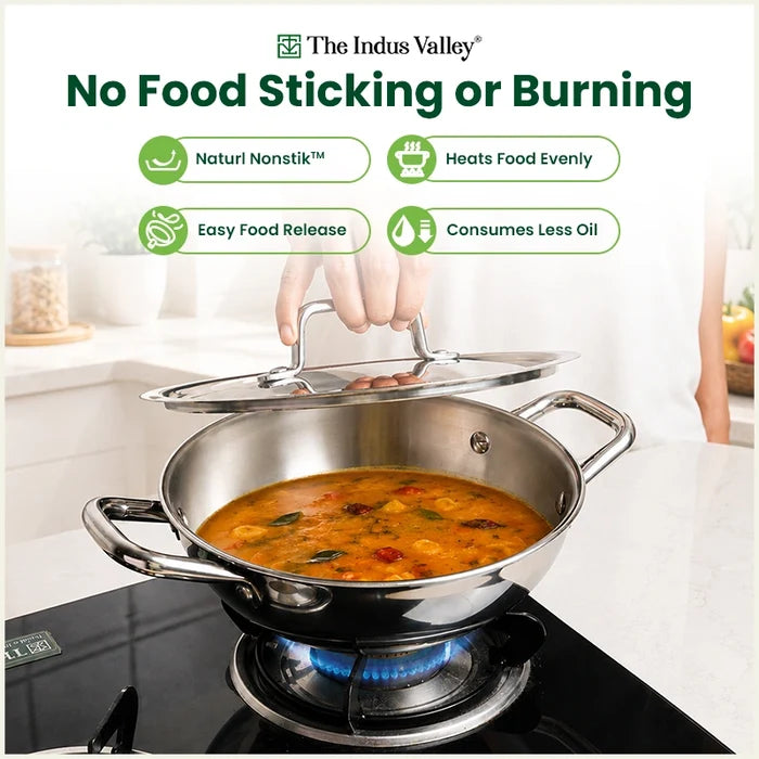 Tri-ply Stainless Steel Cookware Set: Kadai with SS lid -22cm + Frypan - 22cm, Premium Quality, 3 Layer Thick Body, 100% Toxin-free, Non-stick, Induction & Gas