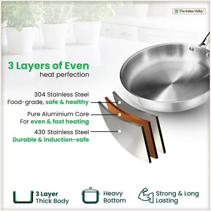 Tri-ply Stainless Steel Fry Pan, 3 Layer Thick Body, Premium Quality, 100% Toxin-free, Non-stick, Induction & Gas 20/22/24/26 cm