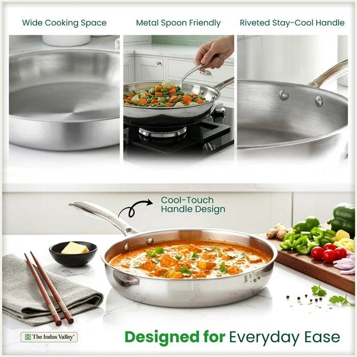 Tri-ply Stainless Steel Fry Pan, 3 Layer Thick Body, Premium Quality, 100% Toxin-free, Non-stick, Induction & Gas 20/22/24/26 cm