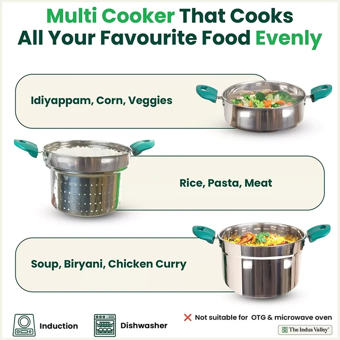 Tri-steel Multi Cooker Pot 21 cm Premium Stainless Steel Momo Maker/ Idiyappam/ Biryani/ Veg Steaming Set 3 Pots, Induction & Gas